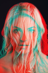 Image showing Woman, portrait and double exposure for hair, cosmetics and headshot for beauty with art deco aesthetic. Girl, model and neon glow with overlay, creativity and reflection in studio for hairstyle