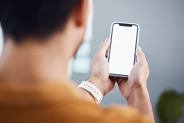 Image showing Man, hands and phone with screen mockup for advertising, marketing or social media at the office. Hand of male employee holding mobile smartphone display for communication or app with copy space