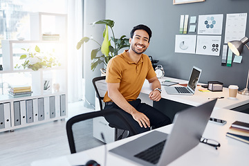 Image showing Portrait, office workspace or happy man, business employee or male agent relax after laptop research. Web designer, SEO success or male person with job, brand agency or done with UX webdesign