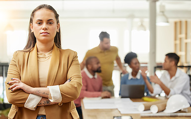 Image showing Serious, business and arms crossed with portrait of woman in meeting for planning, leadership and project management. Creative, training and face of employee in office for teamwork and workshop