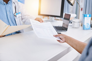 Image showing Document, folder and doctor hands with patient giving information for medical history and health insurance. Professional people or medical worker with paperwork, consultation sign up or registration