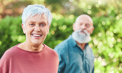 Image showing Nature, happy and portrait of a senior woman on an outdoor walk with her husband for health and wellness. Happiness, smile and face of a elderly female person in retirement walking in garden or park.