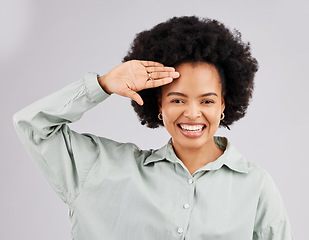 Image showing Salute, smile and portrait of black woman greeting feeling proud and excited making hand gesture isolated in a white studio background. Happy, pride and female welcome with respect and hello sign