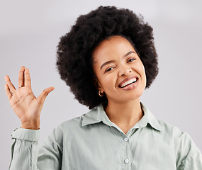 Image showing Happy portrait, black woman and face with vulcan hand sci fi and emoji sign with a smile in studio. Happiness, palm and greeting of a female salute with silly, cheerful and goofy hands gesture