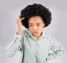 Image showing Woman, hair and itching with thinking in studio for skin problem, dandruff or allergy on scalp. African student, girl or model with afro, alopecia or eczema with scratch, frustrated and head skincare