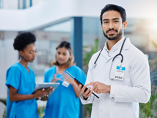 Image showing Doctor tablet, hospital team and man portrait with nursing vision in clinic. Healthcare, wellness and professional group with nurse staff and stethoscope ready for medical teamwork and support