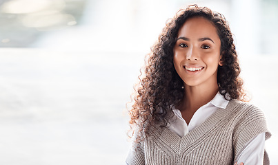 Image showing Portrait, mockup and woman with smile, business and confident girl with joy, cheerful and happiness. Face, female employee and entrepreneur with startup, creativity and success with positive mindset