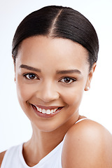 Image showing Face portrait, skincare and smile of woman in studio isolated on a white background. Natural cosmetics, beauty makeup and female model with glowing, healthy or flawless skin after facial treatment.