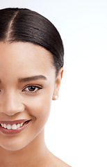 Image showing Skincare, half face portrait and woman in studio isolated on a white background mockup. Natural cosmetics, beauty makeup and happy model with glowing, healthy or flawless skin after facial treatment