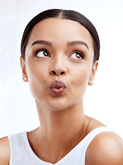 Image showing Thinking face, skincare and pout of woman in studio isolated on a white background. Natural cosmetics, beauty makeup and female model with glowing, healthy or flawless skin after facial treatment.