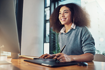 Image showing Happy woman, drawing and digital tablet of graphic designer, writing or sketching at the office. Creative female with smile in design working on project, sketch or deadline on technology for startup