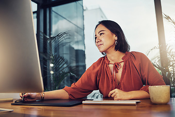 Image showing Asian woman, drawing and digital tablet of graphic designer, writing or sketching at office. Creative female with smile in design working late at night on project deadline on technology for startup