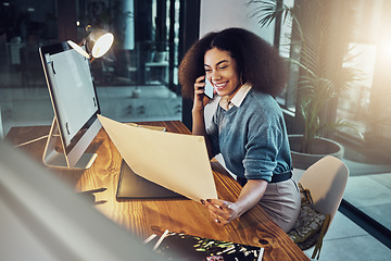 Image showing Business woman, phone call and document in conversation, design or idea at the office. Female designer working late, talking on smartphone at night for communication, networking or project discussion