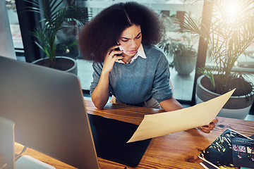 Image showing Business, serious woman and phone call with document for design or conversation in concern at office. Upset female designer talking on mobile smartphone for communication, query or project discussion