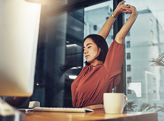 Image showing Night, business and woman stretching, tired and relax in workplace, break and self care. Female employee, consultant and lady stretch arms, burnout and exhausted with a deadline, fatigue and balance