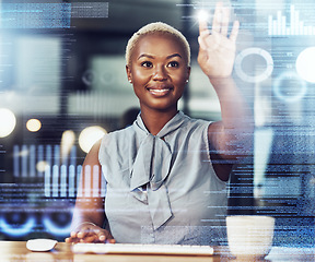 Image showing Touch screen, hologram and black woman with data analytics, statistics or finance. Holographic, futuristic and happy business person with overlay of future technology, ui or ux with hand interaction