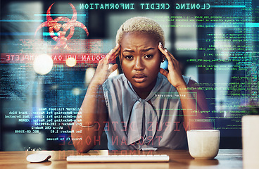 Image showing Stress, programmer headache and black woman gets a cyber security attack, virus or glitch. Anxiety, depression and portrait of sad person in it or big data hacked with ransomware in office overlay.