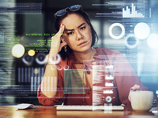 Image showing Business headache, stress and Asian woman gets a cyber security attack, virus or glitch. Anxiety, depressed portrait and serious person with graphs for data hacked with ransomware in phishing overlay