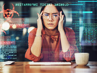 Image showing Stress, business headache and Asian woman gets a cyber security attack, virus or glitch. Anxiety, depression and portrait of sad person in it or big data hacked with ransomware in phishing overlay.