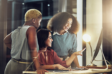 Image showing Training, computer and coaching with women in office for meeting, support and collaboration. Leadership, technology and management with business people for brainstorming, project goals and planning