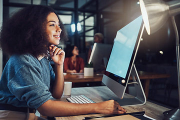 Image showing Night, business and woman with a smile, creative and data analytics for startup, growth and digital planning. Working late, female consultant and happy employee with a computer, typing and screen