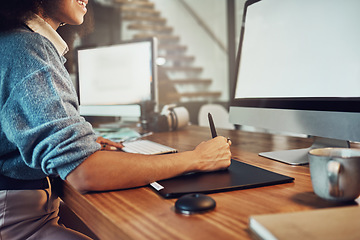 Image showing Woman, drawing and digital tablet on mockup screen for designer, writing or sketching at office. Creative female in design working late at night for project deadline on technology display for startup