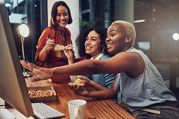 Image showing Night work, happy and women with food for a deadline, coworking and overtime with computer proposal. Laughing, funny meme and business people reading communication on a pc while eating in late shift