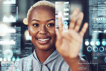 Image showing Touch screen, hologram and black woman with digital data analytics, statistics or info. Holographic, futuristic or happy business person with overlay of trading charts, ui or ux with hand interaction