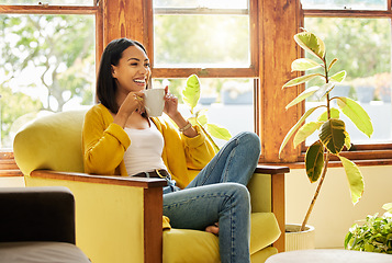 Image showing Relax, smile and woman on couch, coffee and peace with happiness, calm and peaceful in lounge. Female on sofa, happy and person in living room, gratitude and weekend break with self care in home