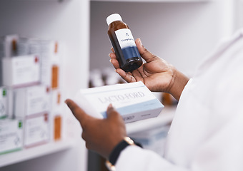 Image showing Doctor, medicine or hands of person with pills or supplements bottle in drugstore for healthcare inventory. Zoom, clinic or nurse checking or reading info on medical products or tablets in pharmacy