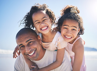 Image showing Happy man, daughters and beach portrait with piggy back, smile and family on summer vacation together in Cancun. Happiness, father and playful children bonding at ocean on fun holiday with blue sky.