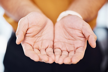 Image showing Closeup, charity and hands for begging, help and community with support, kindness and compassion. Zoom, hand and palms with poverty, ask for aid and gratitude with hope, receive donation and trust