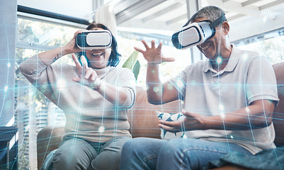 Image showing Senior couple, vr and sofa in home living room with holographic overlay, metaverse and 3d game with smile. Man, woman and augmented reality with happiness, learning and futuristic hologram in lounge