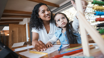 Image showing Education, home school and a mother teaching her daughter about math in the home living room. Study, homework and child development with a student girl learning from her female parent in a house