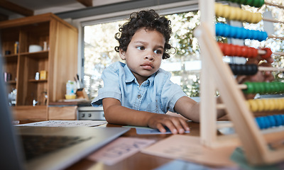 Image showing Child, kindergarten and home learning with abacus, toys or numbers education for thinking, development and growth. Boy student, homework and elearning math game for young nursery homeschool kid