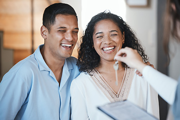 Image showing Keys. realtor and a home owner couple in their apartment after payment or investment in a property asset. Real estate, mortgage or loan with a man and woman receiving the key to their new house