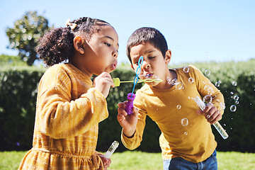 Image showing Playing, garden and children blowing bubbles for entertainment, weekend and fun activity together. Recreation, outdoors and siblings with a bubble toy for leisure, childhood and enjoyment in summer