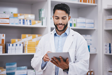 Image showing Pharmacy, happy man or pharmacist reading on tablet for research or checking medical prescription on shelf. Digital or doctor with online checklist on clinic shelves or drugstore inventory storage