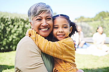 Image showing Grandmother, girl and garden portrait with hug, love and bond in summer sunshine with family. Senior woman, female child and embrace with excited face, pride and care with happiness on backyard lawn