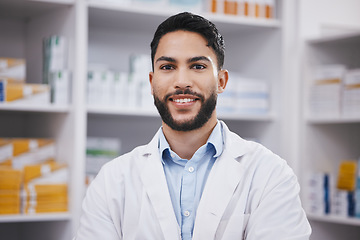 Image showing Pharmacy, pharmacist or portrait of man with smile in healthcare drugstore or hospital clinic alone. Face, wellness or happy male professional smiling by medication, medicine or shelf ready to help