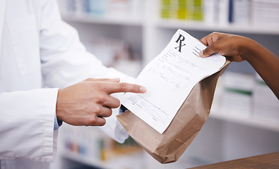 Image showing Bag, medicine or pharmacist hands a person healthcare prescription, pointing or pharmacy receipt. Zoom, shopping or doctor giving customer products, instruction or package for medical retail services