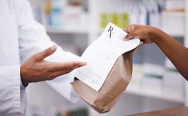 Image showing Pharmacy, medicine or pharmacist hands a bag in drugstore with healthcare prescription receipt. Zoom, person shopping or doctor giving customer products, pills or package for medical retail services