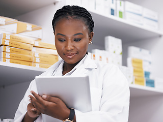 Image showing Woman, pharmacist or tablet, online checklist and checking stock of medicine on shelf. African female medical professional reading digital inventory list in pharmacy, healthcare or prescription drugs