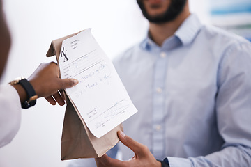 Image showing Customer, medicine or pharmacist hands a bag in drugstore with healthcare prescription receipt. Zoom, person shopping or doctor giving patient products, pills or package for medical pharmacy services