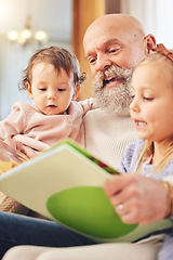 Image showing Grandfather, children and book reading on living room sofa with love, storytelling or learning support. Happy, home or kid with elderly man in house with a story books and youth education on a couch