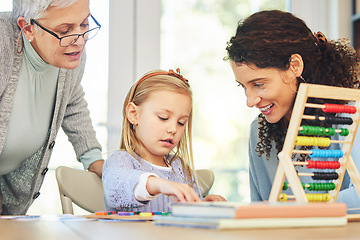 Image showing Education with grandmother, mom and girl in home with abacus for lesson, homework and learning. Child development, family and mom, grandma and kid with educational toys for homeschool and teaching