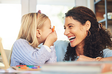 Image showing Education, play and mother and girl in home for lesson, homework and learning together. Child development, laughing family or mom and kid with educational toys for homeschool, playing or fun activity