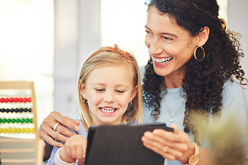 Image showing Education, tablet or mother and girl in home for online lesson, homework or e learning. Child development, family and laughing mom with kid on digital tech for educational games, homeschool and study