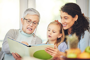 Image showing Grandmother, reading and mother and girl in home with book for bonding, homework or learning. Child development, happy family and mom, grandma and kid with educational story, literature or homeschool