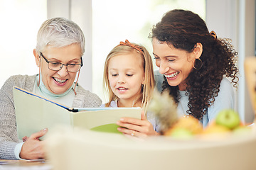 Image showing Grandmother, reading and mother and girl with book for bonding, storytelling or learning at home. Child development, happy family and mom, grandma and kid with educational story, literature and novel